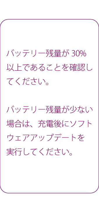 バッテリー残量が30%以上であることを確認してください。バッテリー残量が少ない場合は、充電後にソフトウェアアップデートを実行してください。