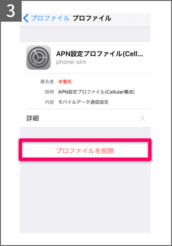 「APN設定プロファイル」を選択、「プロファイルを削除」を実行してください。