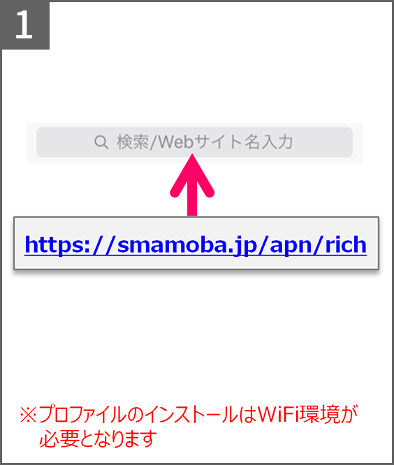 手順1 iOS 7以降のiPhone、iPadにて 「https://smamoba.jp/apn/rich/」へアクセス