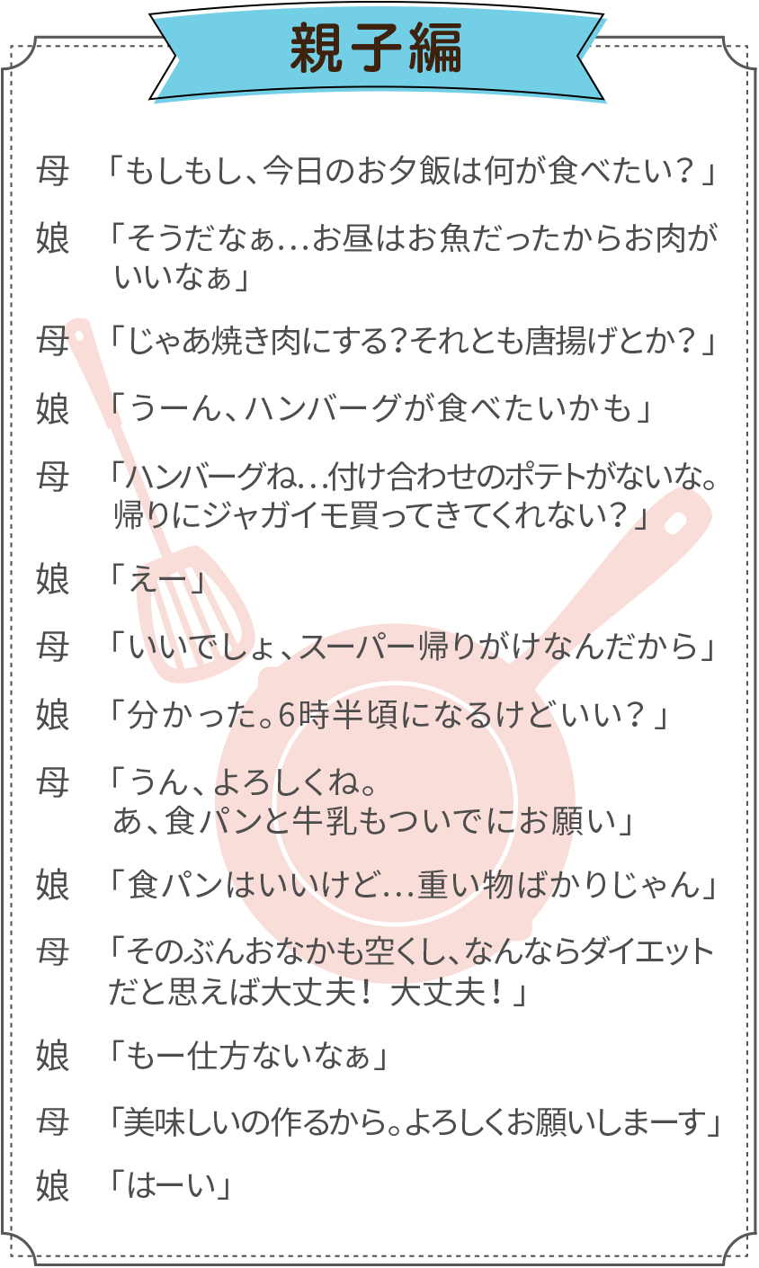 例えば親子でご利用した場合、１分間でこんなに話せます。母：「もしもし、今日のお夕飯は何が食べたい？」／娘：「そうだなぁ…お昼はお魚だったからお肉がいいなぁ」／母：「じゃあ焼き肉にする？ それとも唐揚げとか？」／娘：「うーん、ハンバーグが食べたいかも」／母：「ハンバーグね…付け合わせのポテトがないな。帰りにジャガイモ買ってきてくれない？」／娘：「えー」／母：「いいでしょ、スーパー帰りがけなんだから」／娘：「分かった。6時半頃になるけどいい？」／母：「うん、よろしくね。あ、食パンと牛乳もついでにお願い」／娘：「食パンはいいけど…重い物ばかりじゃん」／母：「そのぶんおなかも空くし、なんならダイエットだと思えば大丈夫！ 大丈夫！」／娘：「もー仕方ないなぁ」／母：「美味しいの作るから。よろしくお願いしまーす」／娘：「はーい」