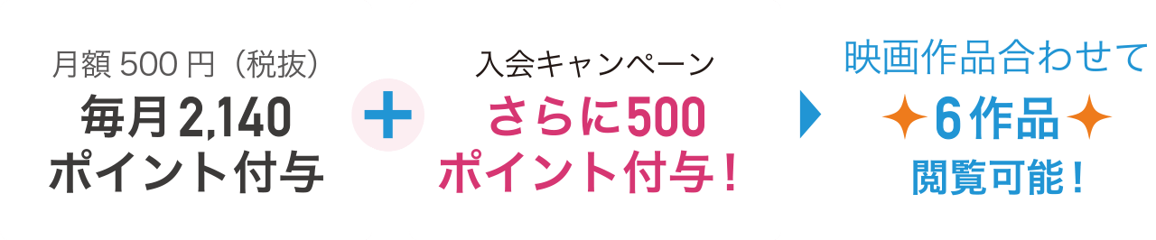 500ポイント増量キャンペーン！毎月2,140円分のポイント＋新規入会者特典500ポイント。映画作品合わせて6作品閲覧可能！