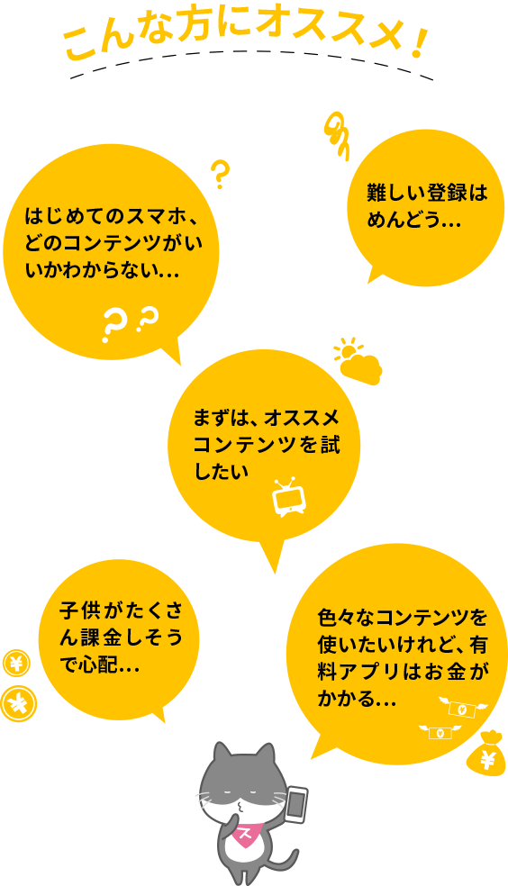 こんな方にオススメ！はじめてのスマホ、どのコンテンツがいいかわからない...まずは、オススメコンテンツを試したい。難しい登録はめんどう。子供がたくさん課金しそうで心配...色々なコンテンツを使いたいけれど、有料アプリはお金がかかる