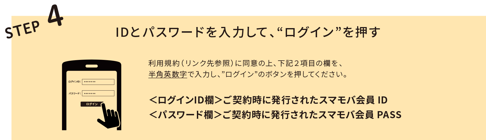 STEP4 IDとパスワードを入力して、“ログイン”を押す。利用規約（リンク先参照）に同意の上、下記２項目の欄を半角英数字で入力し、”ログイン”のボタンを押してください。＜ログインID欄＞ご契約時に発行されたスマモバ会員 ID。＜パスワード欄＞ご契約時に発行されたスマモバ会員 PASS