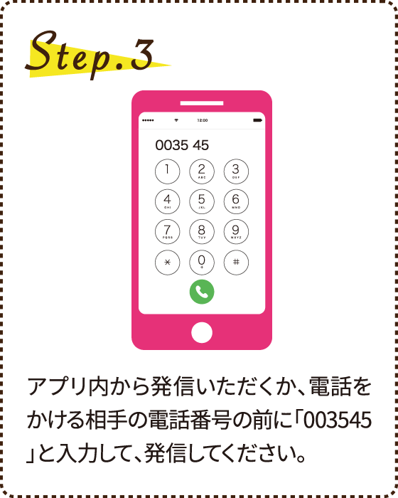 Step.3 アプリ内から発信いただくか、電話をかける相手の電話番号の前に「003545」と入力して、発信してください。