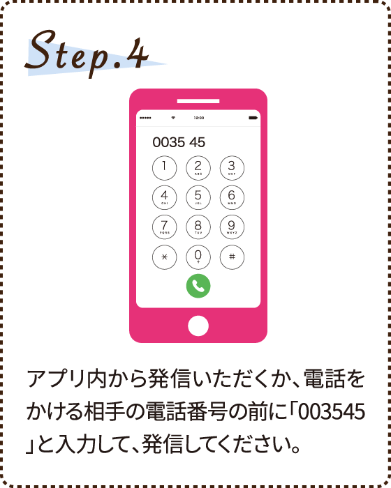 Step.4 アプリ内から発信いただくか、電話をかける相手の電話番号の前に「003545」と入力して、発信してください。