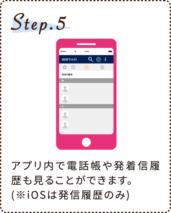 Step.5 アプリ内で電話帳や発着信履歴も見ることができます。(※iOSは発信履歴のみ)