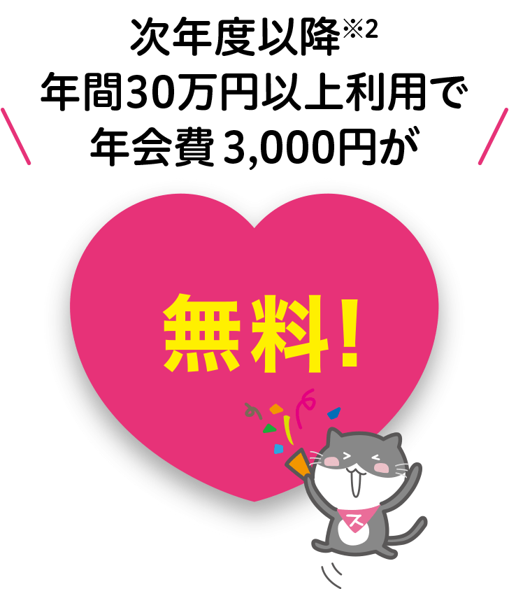 次年度以降年間30万円以上利用で、年会費3,000円が無料！