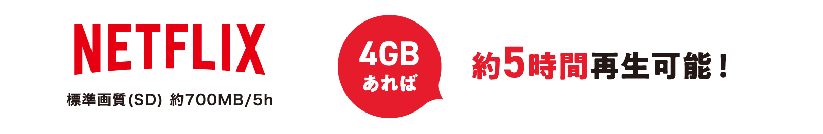Netflix 標準画質(SD) 約700MB/5h 4GBあれば 約5時間再生可能!