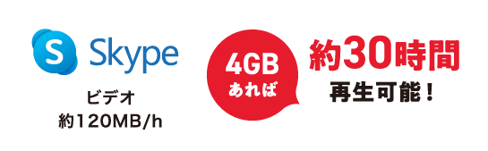 Skype ビデオ 約120MB/h 4GBあれば 約30時間再生可能!