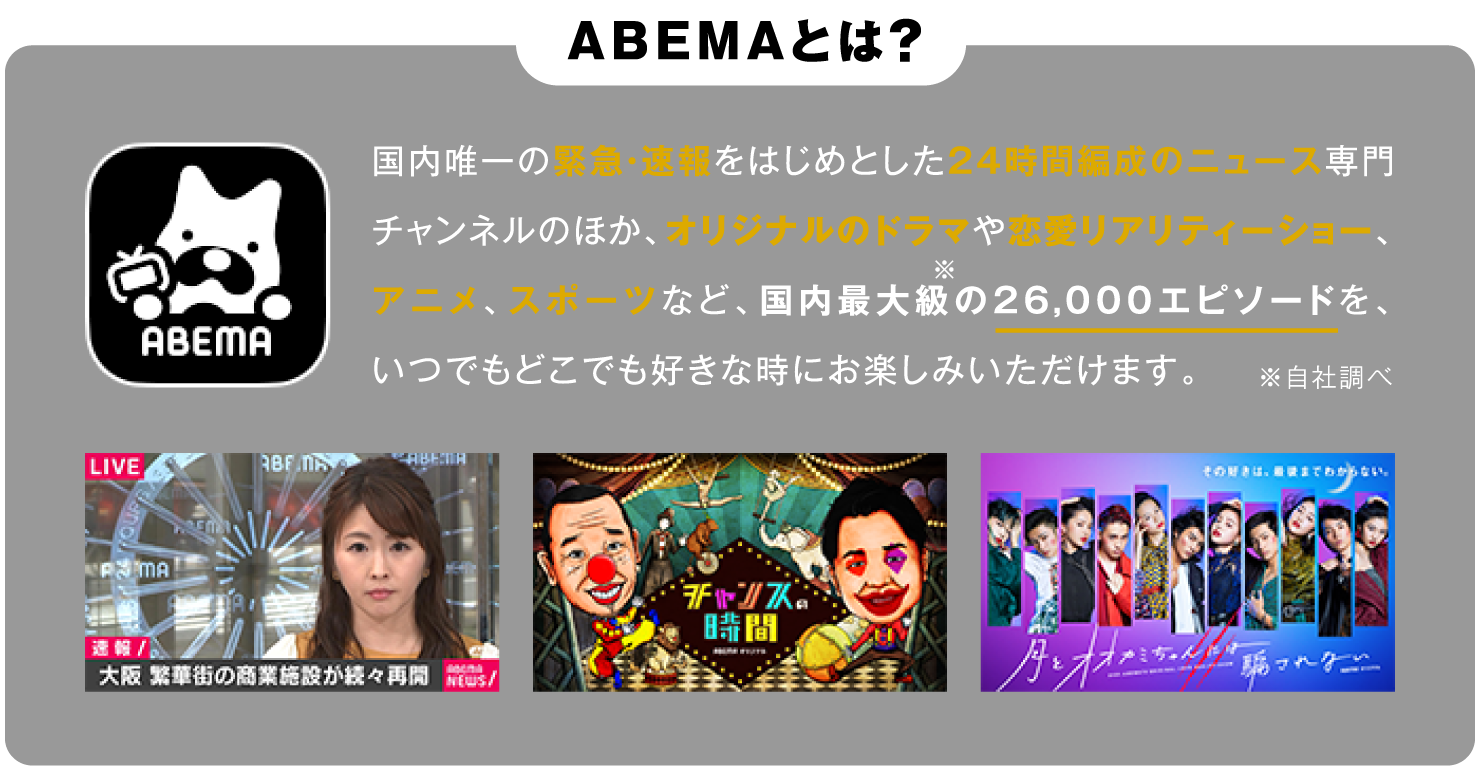 ABEMAとは? 国内唯一の緊急・速報をはじめとした24時間編成のニュース専門チャンネルのほか、オリジナルのドラマや恋愛リアリティーショー、アニメ、スポーツなど、国内最大級※の26,000エピソードを、いつでもどこでも好きな時にお楽しみいただけます。※自社調べ