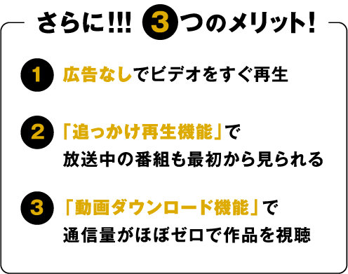 さらに!!! 3つのメリット! 1.広告なしでビデオをすぐ再生 2.「追っかけ再生機能」で放送中の番組も最初から見られる 3.「動画ダウンロード機能」で通信量がほぼゼロで作品を視聴