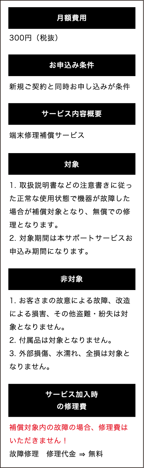 安心サポート | 故障修理が無料 月額300円(税抜)| 月額費用:300円(税抜) お申込み条件:新規ご契約と同時お申し込みが条件 サービス内容概要:端末修理補償サービス 対象:1. 取扱説明書などの注意書きに従った正常な使用状態で機器が故障した場合が補償対象となり、無償での修理となります。2. 対象期間は本サポートサービスお申込み期間になります。 非対象: 1. お客さまの故意による故障、改造による損害、その他盗難・紛失は対象となりません。2. 付属品は対象となりません。3. 外部損傷、水濡れ、全損は対象となりません。 サービス加入時の修理費: 補償対象内の故障の場合、修理費はいただきません!故障修理 修理代金 ⇒ 無料