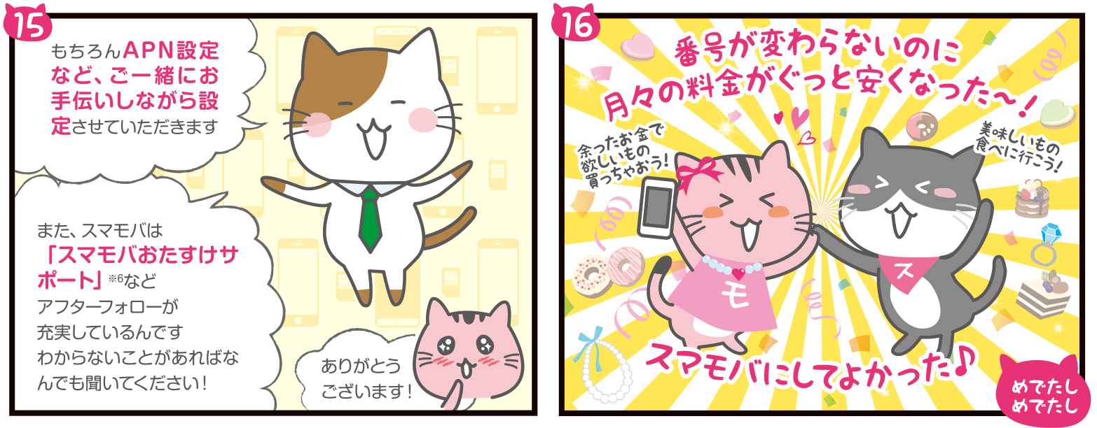 ショップスタッフ：もちろんAPN設定など、ご一緒にお手伝いしながら設定させていただきます。また、スマモバは「スマモバおたすけサポート」※6などアフターフォローが充実しているんです。わからないことがあればなんでも聞いてください！／もばぽよちゃん：ありがとうございます！／もばぽよちゃん：番号が変わらないのに月々の料金がぐっと安くなった～！スマモバにしてよかった♪／めでたしめでたし